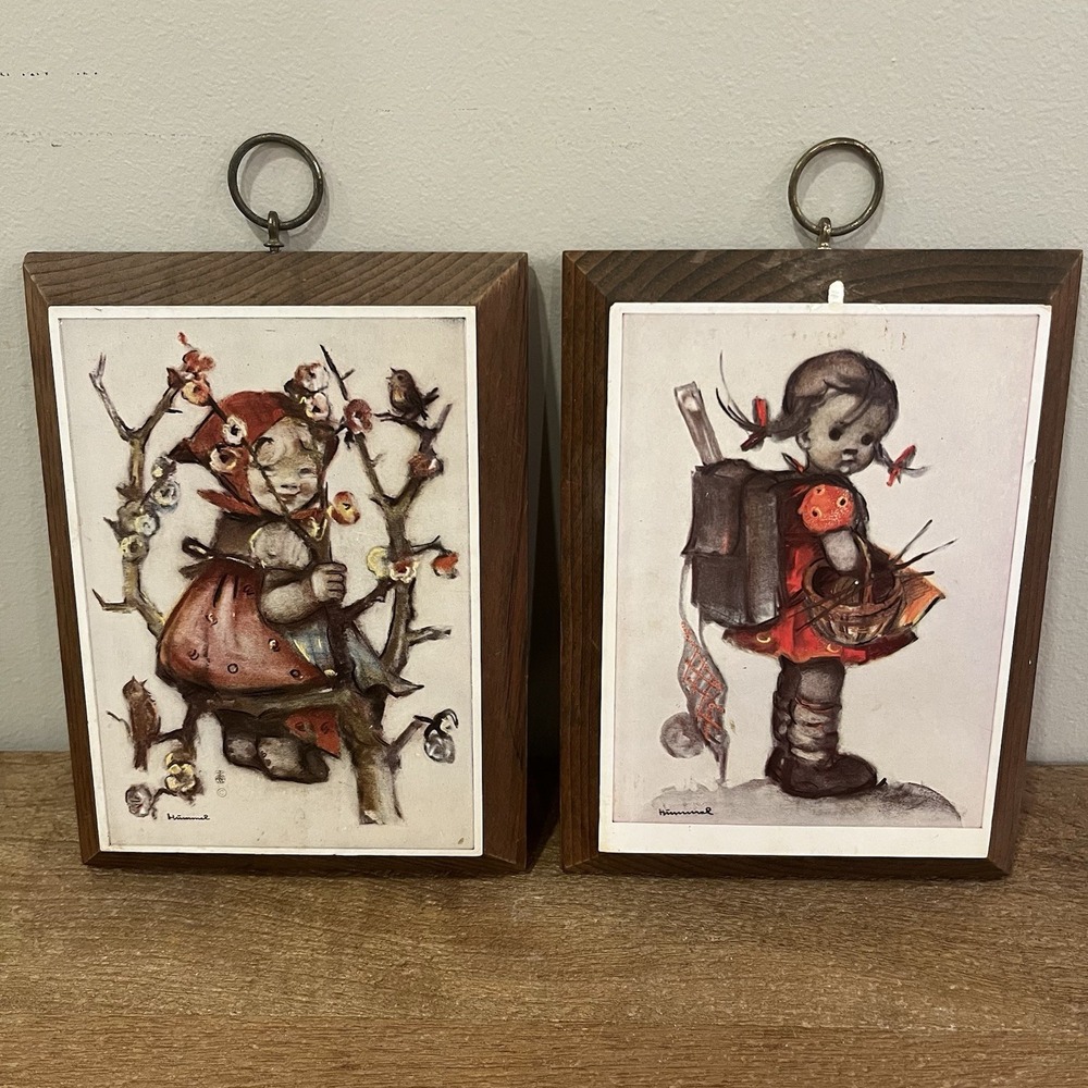 VTG Hummel Wood Wall Plaques Set of 2 Children Prints Art Products 5x7 READ